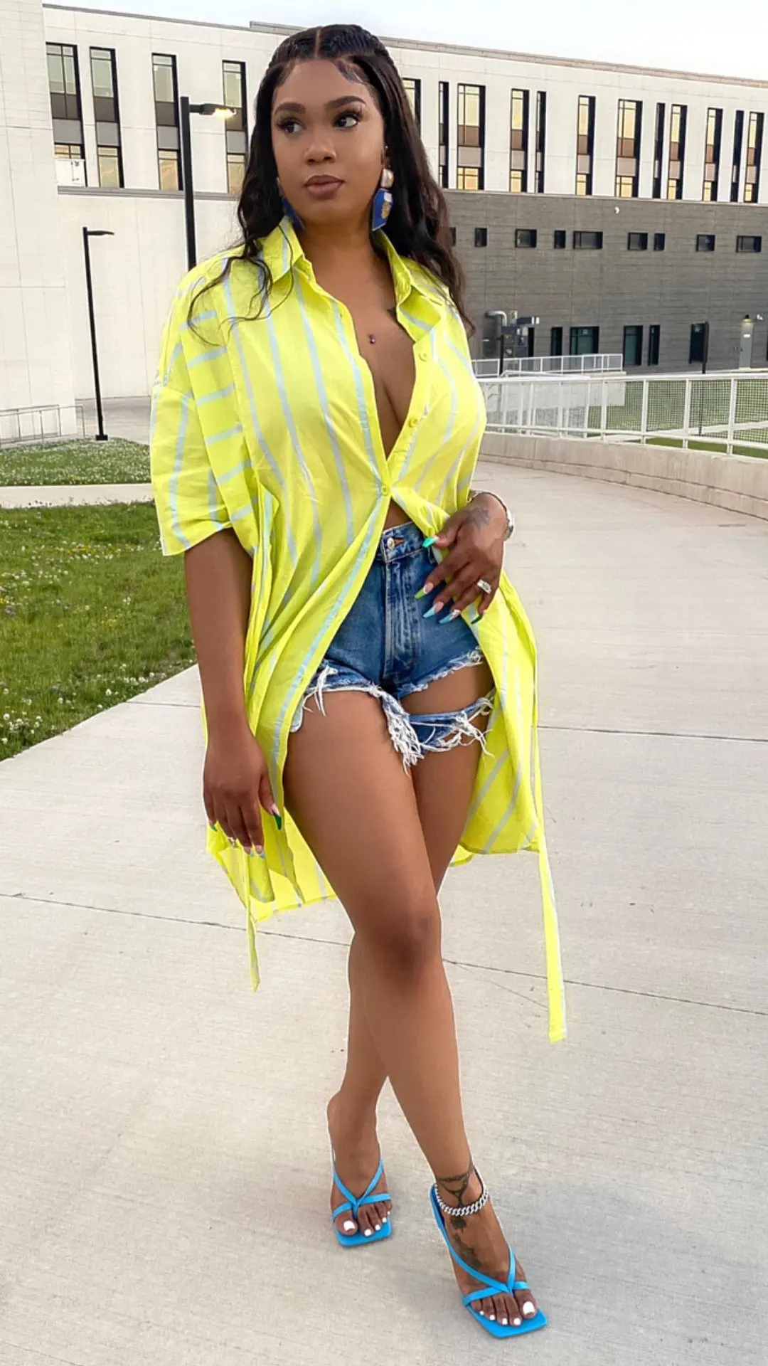 

2021 New Summer Fashion Sexy Striped Button Down Collar Long Shirt Dress Blouse With Sashes