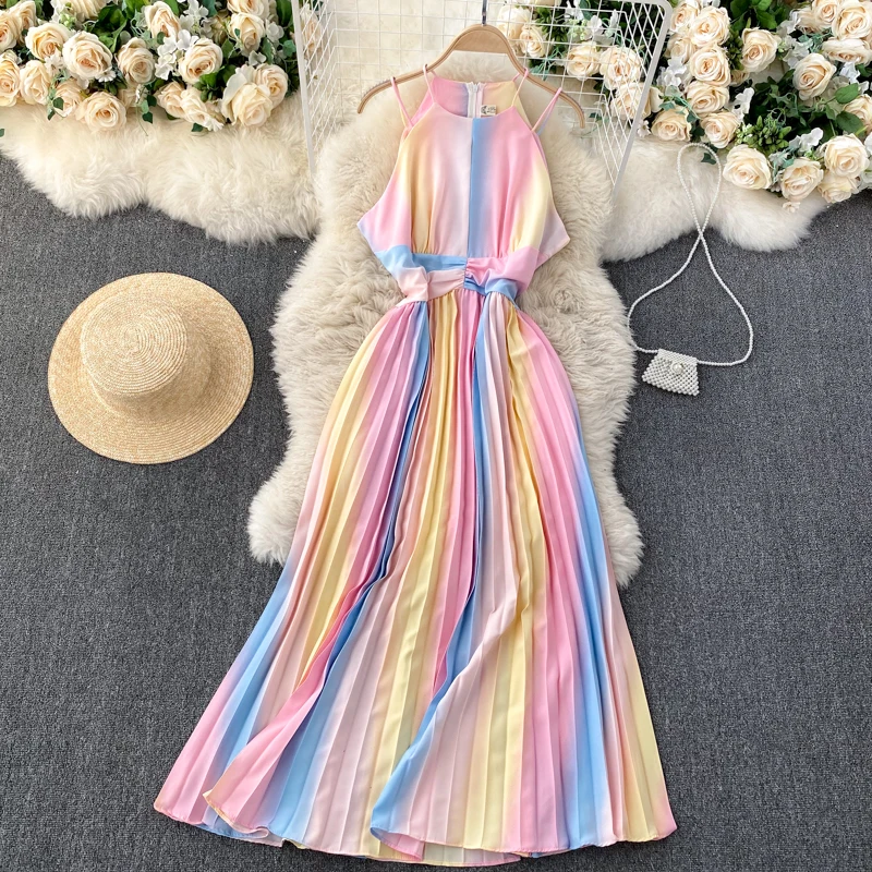 

Платье женское длинное Плиссированное на тонких бретельках, пляжный сарафан в стиле бохо для отпуска с градиентным переходом цветов, с лямк...