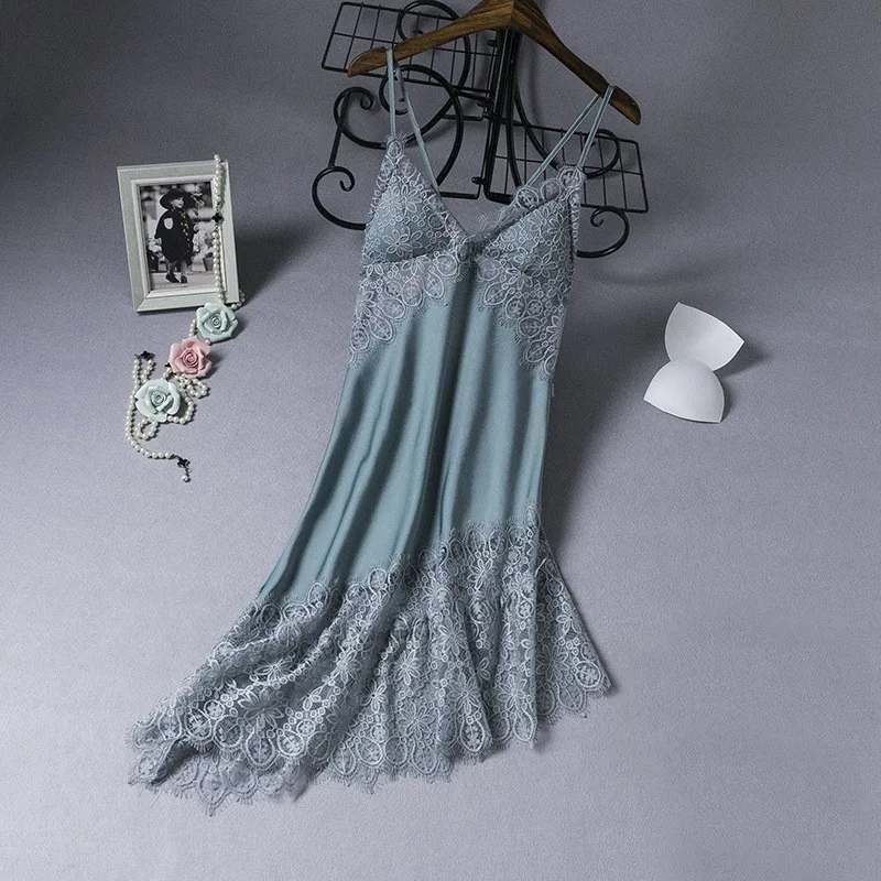 Lace Hollow Out Nightdress Sexy Female Nightgown Strap Sleepwear Bride Summer Dressing Gown Loungewear With Pads Sleep Dress