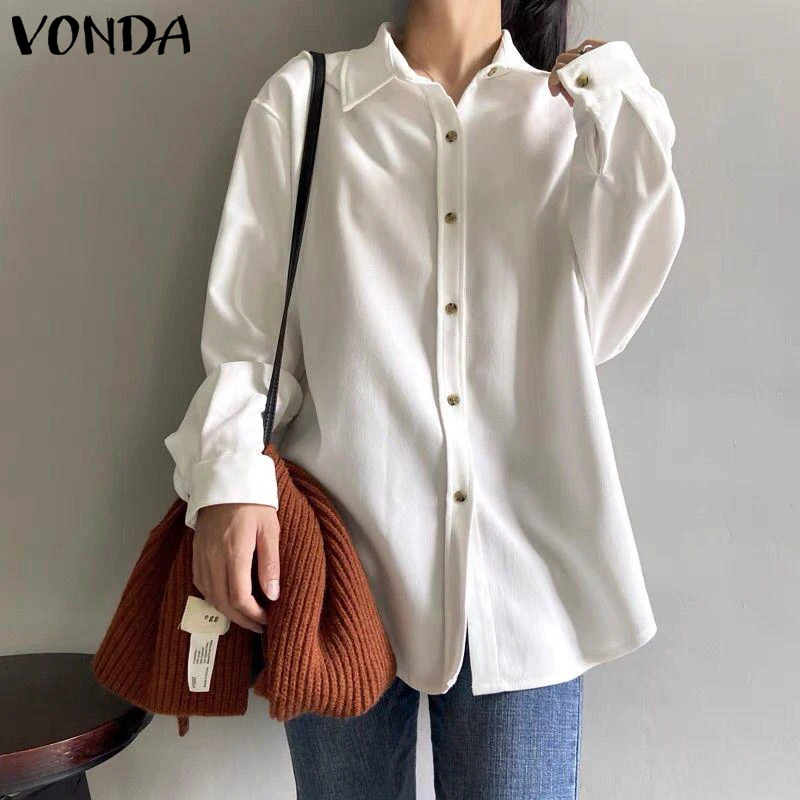 

Элегантные офисные рубашки 2021 VONDA, Женская винтажная блузка с длинным рукавом и отложным воротником, повседневные однотонные топы, богемные...