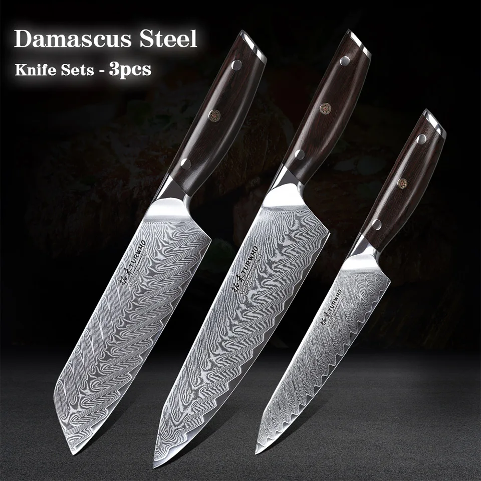 TURWHO 3 шт. набор кухонных ножей профессиональный шеф-повара Santoku универсальный нож японский дамасский стальной нож с красной ручкой сандалового дерева кухонный инструмент