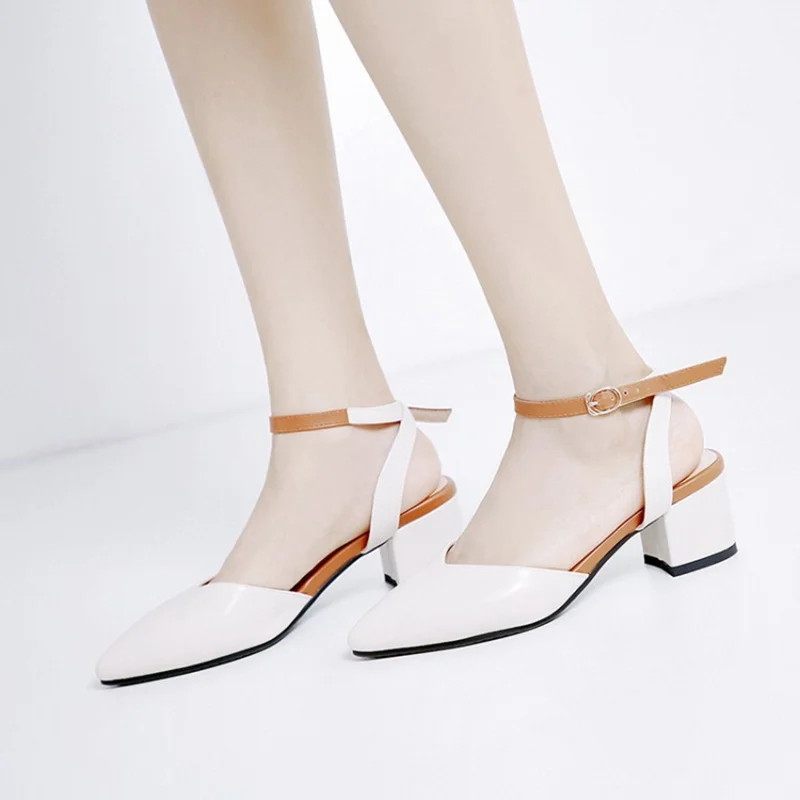 

Fanyuan Women Sandals Shoes Fashion Pointed Toe Square Heels Shoes Women Designer Metal Buckle Casual Lady Footwear Size 30-43