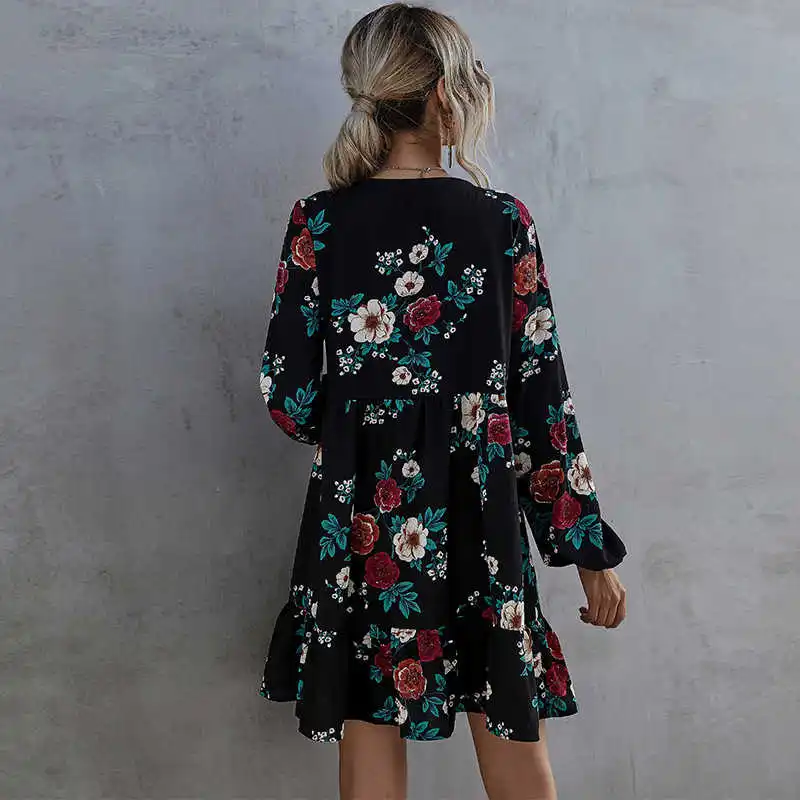 

2021 New Elegant Autumn Winter Ruffles Print Dress Women Casual O-neck Full Sleeve High Waist Floral Dress Female Black