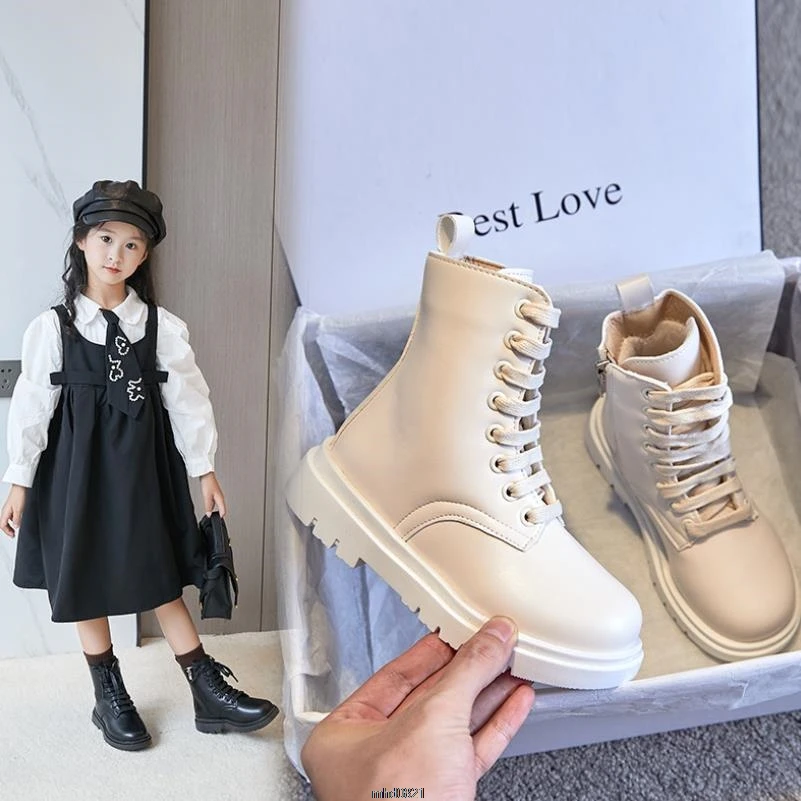 

Autumn Kids Leather Boots Waterproof Children Sneakers Beige Black Boots For Baby Girls Boots Boys Shoes School Party