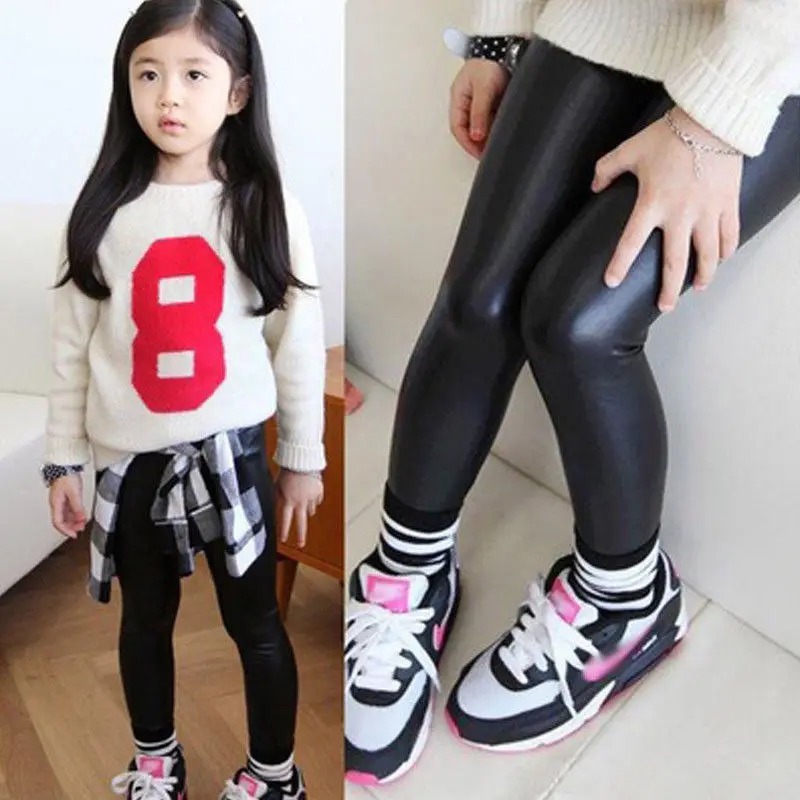 Pantalones informales de PU para ni&ntilde;os y ni&ntilde;as, Leggings el&aacute;sticos ajustados de cintura alta, color negro, 2-8T-2