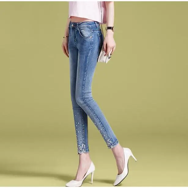 2021 Новинка весны Осенняя Женская кружевная Стразы джинсы брюки-карандаши