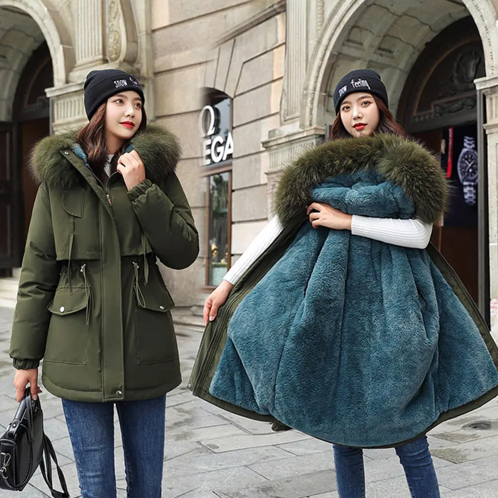 GRELLER 2021 Cotton Thicken Warm Winter Jacket Women Casual Short Parkas Fur Lining Hooded Winter Coat Women Parkas Mujer Coats