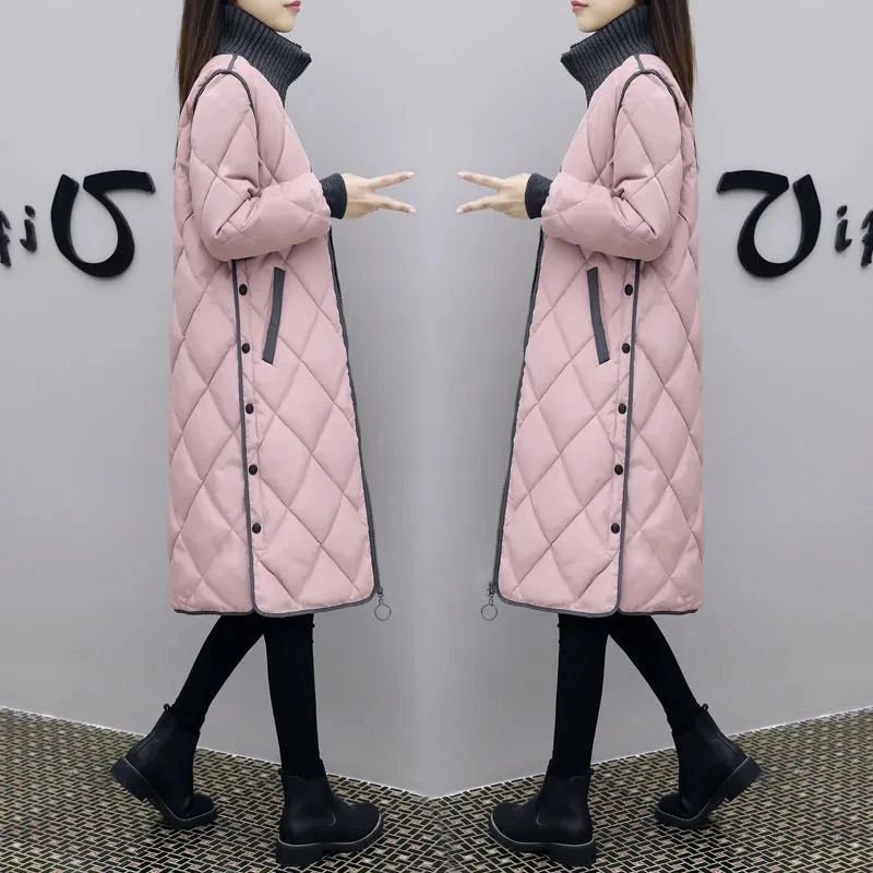 Winter Knit Stand Collar Long Parkas Women Korean Fashion 4xl Oversize Snow Overcoat Zip Up Vintage Design Warm Cotton Jackets
