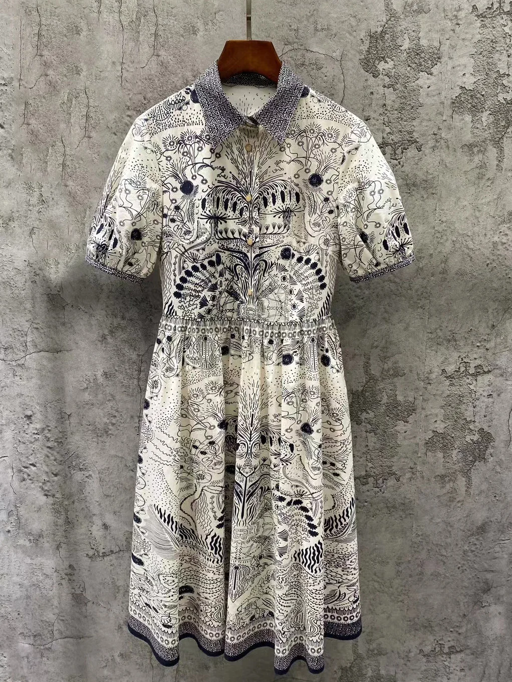 

100% Cotton Dress Cottagecor Party Dresses Designer High Street Peter Pan Collar Print Elegant Midi Dresses Mujer Festa Vestido