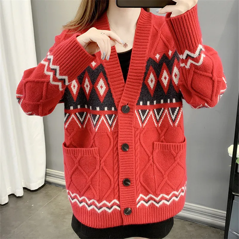 

Spring Autumn Fashion Patchwork Knitted Sweater Women Mid Length Cardigan Tops Loose V-Neck Big Pocket Knit Jacket Coat Female