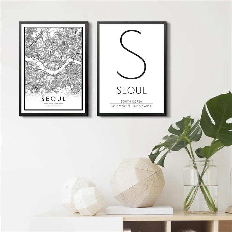 Холст Сеул координаты Корея Карта города принты черно-белый дорожный постер