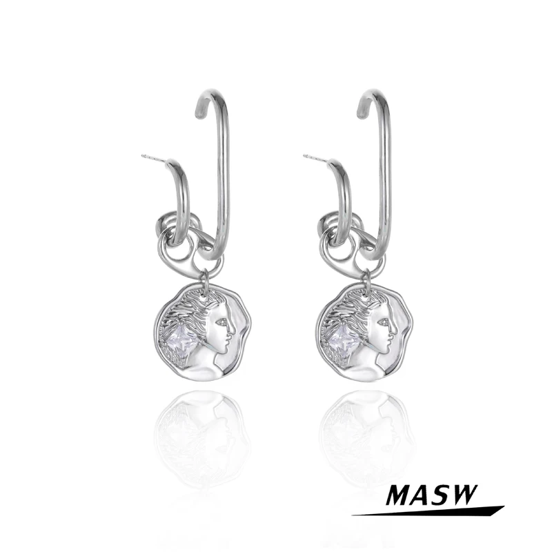 

MASW Original Design Brass Metal Drop Earrings Silvery Plating Hip Hop Geometric Head Portrait Dangle Earrings Women Jewelry