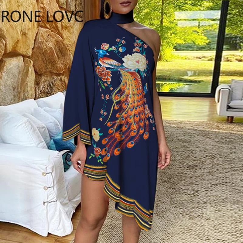 Женское платье на одно плечо с цветочным принтом павлина элегантное модное