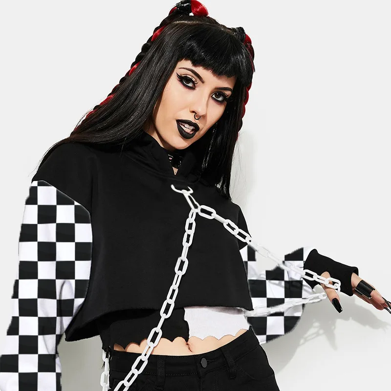 

Metal Chain Hoodies Cool Hip Hop clothes Autumn Winter Women's Hooded Oversize plaids Crop top High street Emo Casual Pullover