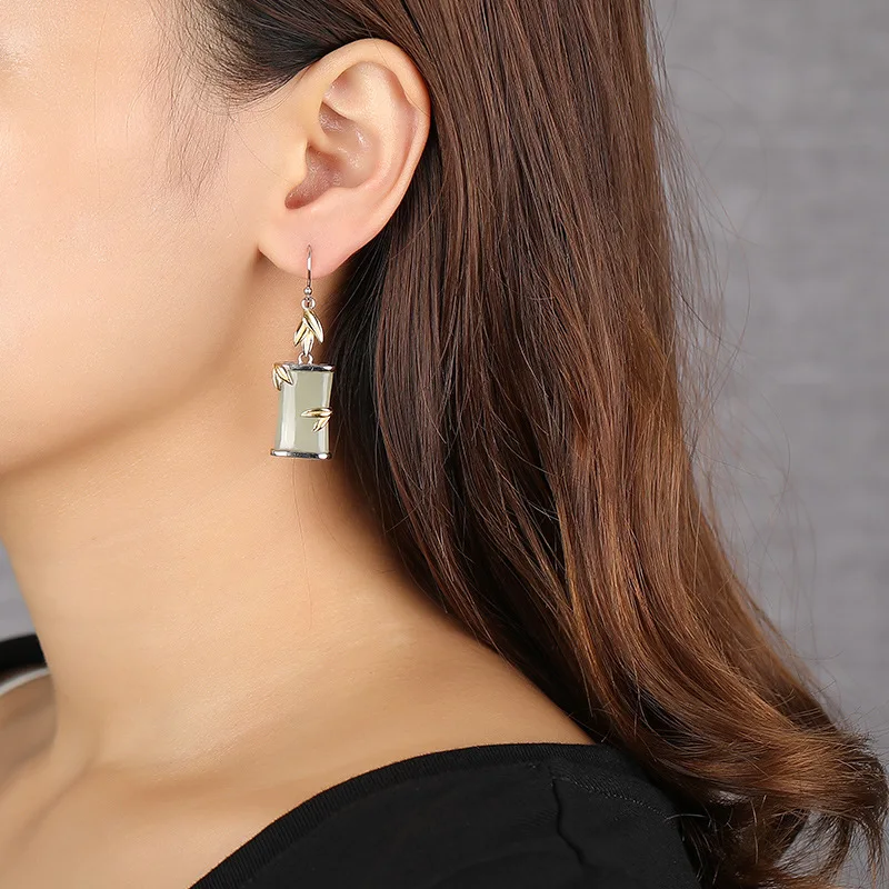 Leouerry 925 пробы серебро натуральный Хотан нефрит листья бамбука серьги для женщин