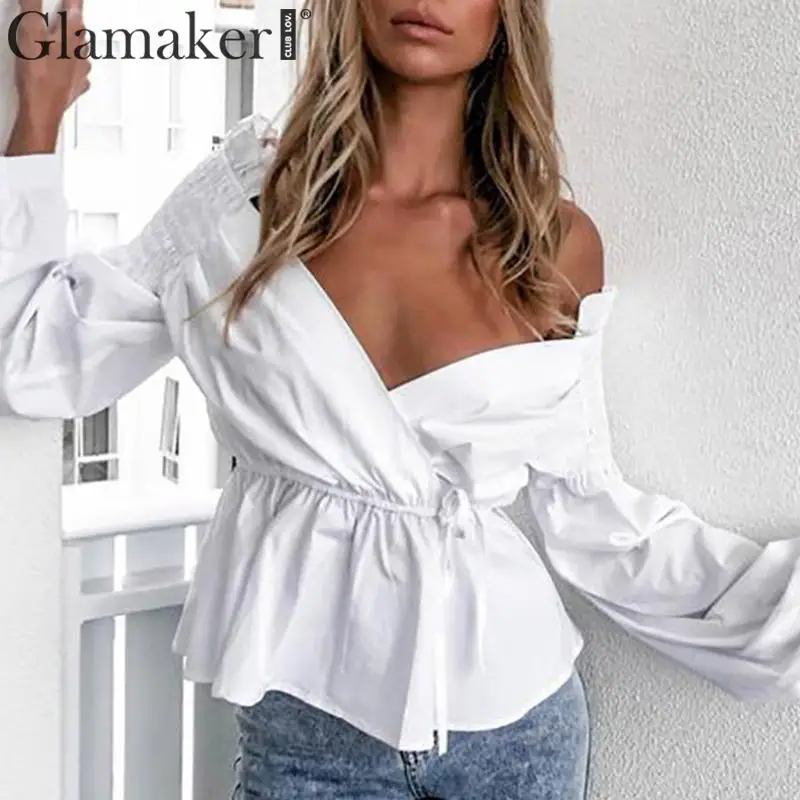 Glamaker с открытыми плечами v образным вырезом Женская блузка с длинным рукавом-фонариком элегантная женская белая блузка Осень Зима Сексуальная Блузка