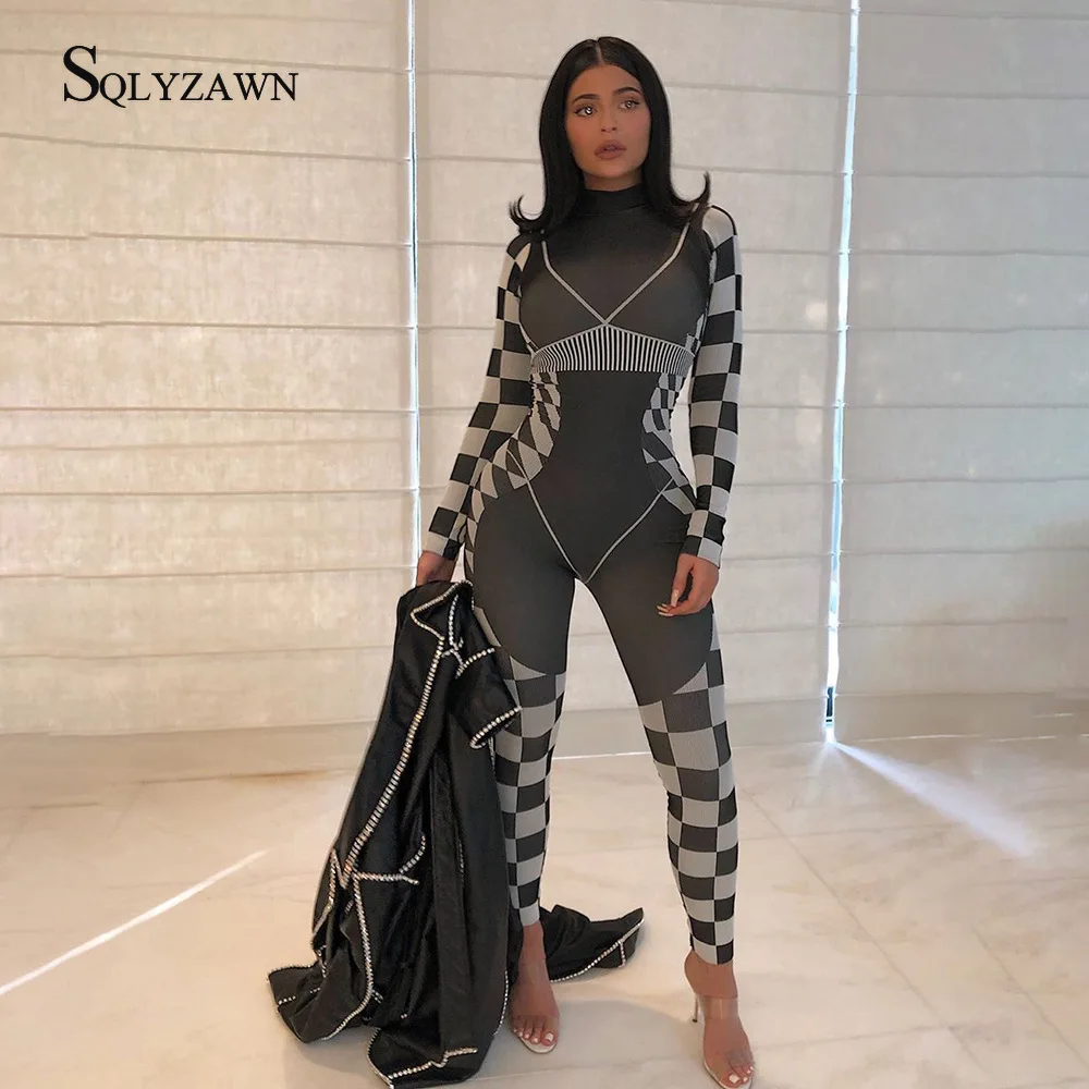 

Женский Облегающий комбинезон с геометрическим принтом, комбинезон для фитнеса и спортивных тренировок с длинным рукавом, модный боди для ночного клуба, комбинезон, Новинка