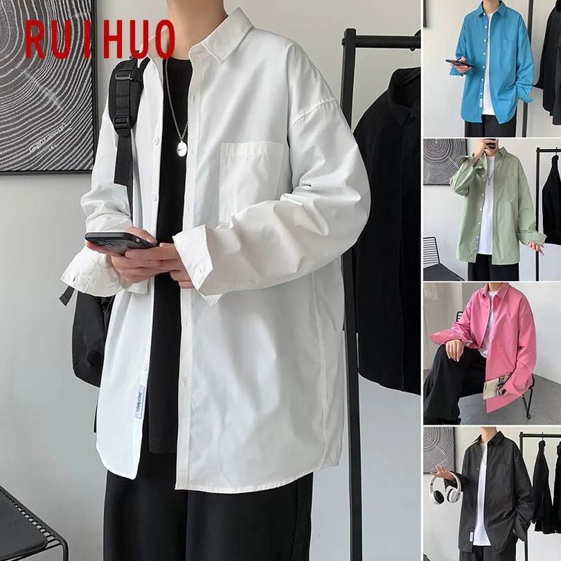 

RUIHUO Casual Shirts For Men Clothing Harajuku Pink Shirt Men Streetwear Men Shirt Long Sleeve M-3XL 2021 New Arrival