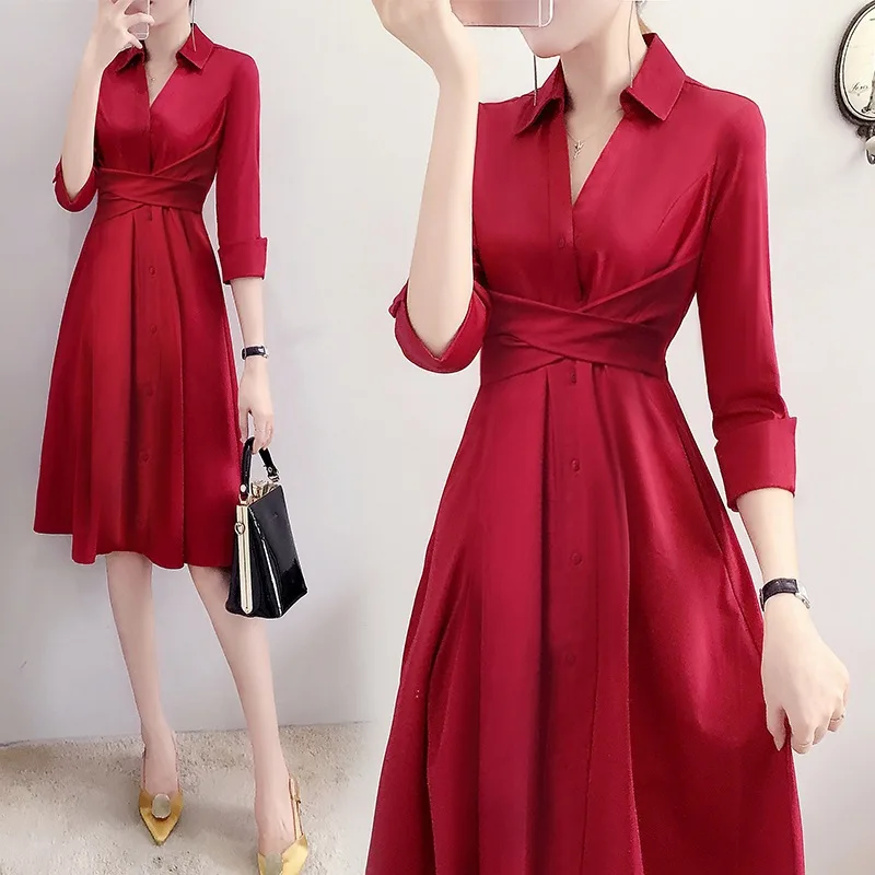 

Spring Autumn Buttons Lapel Temperament Slim Big Skirt Female Red Dress New Waist Slimming Popular Long Skirt Women Party Dress