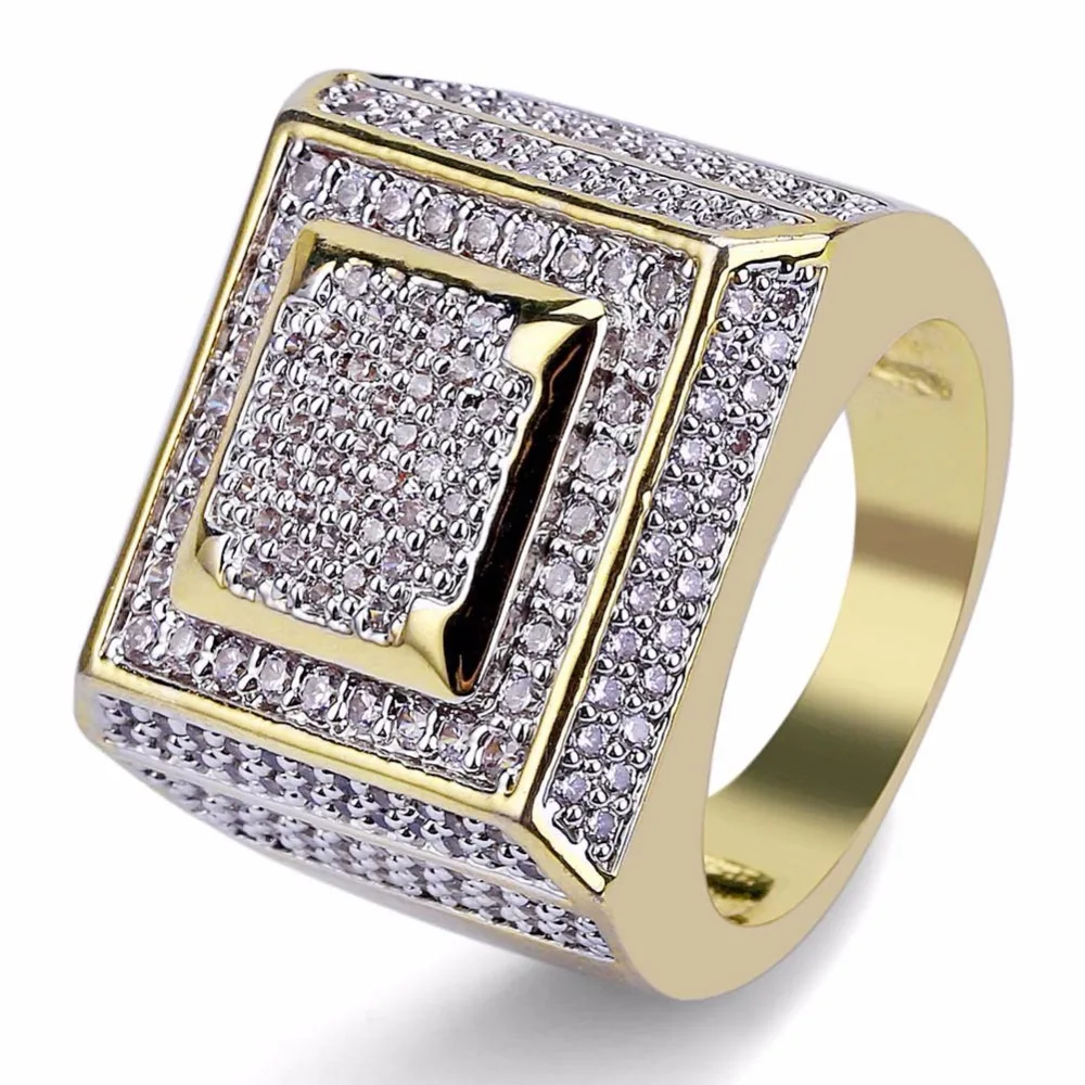 

Fashion Cubic Zirconia Pave Bling Ice Out Hip Hop Ring Male Gold Color Copper Material CZ Stone Square Rings for Men Jewelry