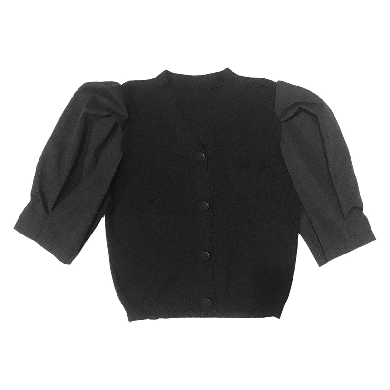 

ALPHALMODA Autumn New Elegant Puff Sleeve Stitching Single-Breasted Knitted Shirt Women's 2020 New Style All-match Knitting Top