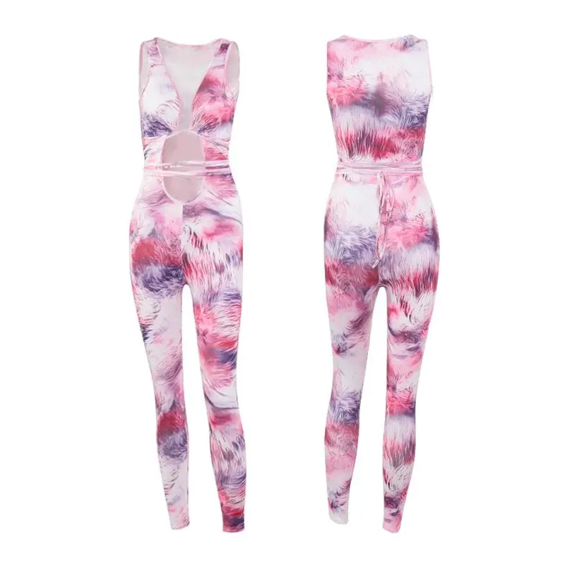 

Women Sleeveless Bandage Tie-Dye Jumpsuit Hollow High Waist Bodycon Long Rompers 6XDA