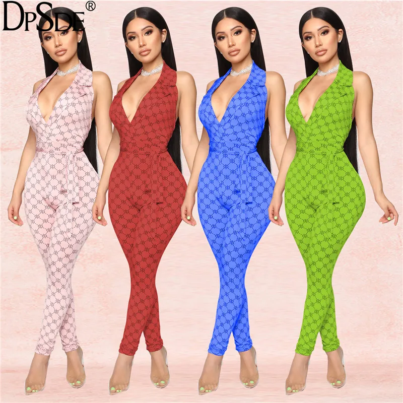 Женский Длинный комбинезон DPSDE с геометрическим рисунком V образным вырезом