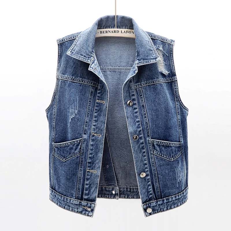 Весенне-летний винтажный потертый синий джинсовый жилет женский Карманный жакет