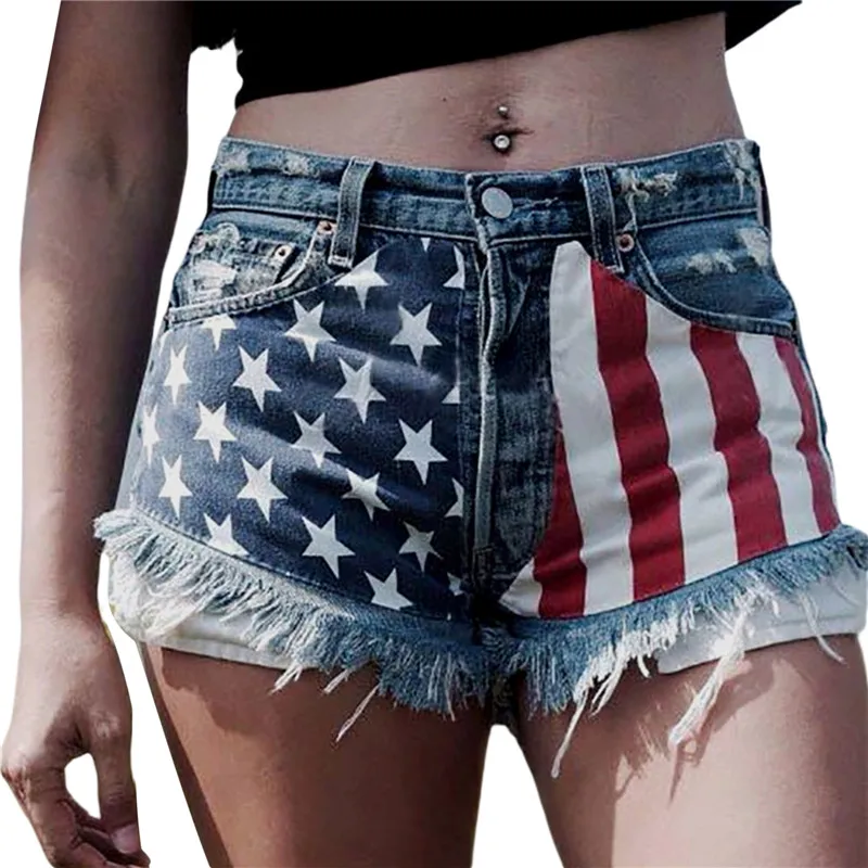 

Women Casual Denim Shorts Cut Off Denim Shorts Mid Rise American Flag Print Frayed Raw Hem Ripped Denim Jeans Shorts Summer 2021