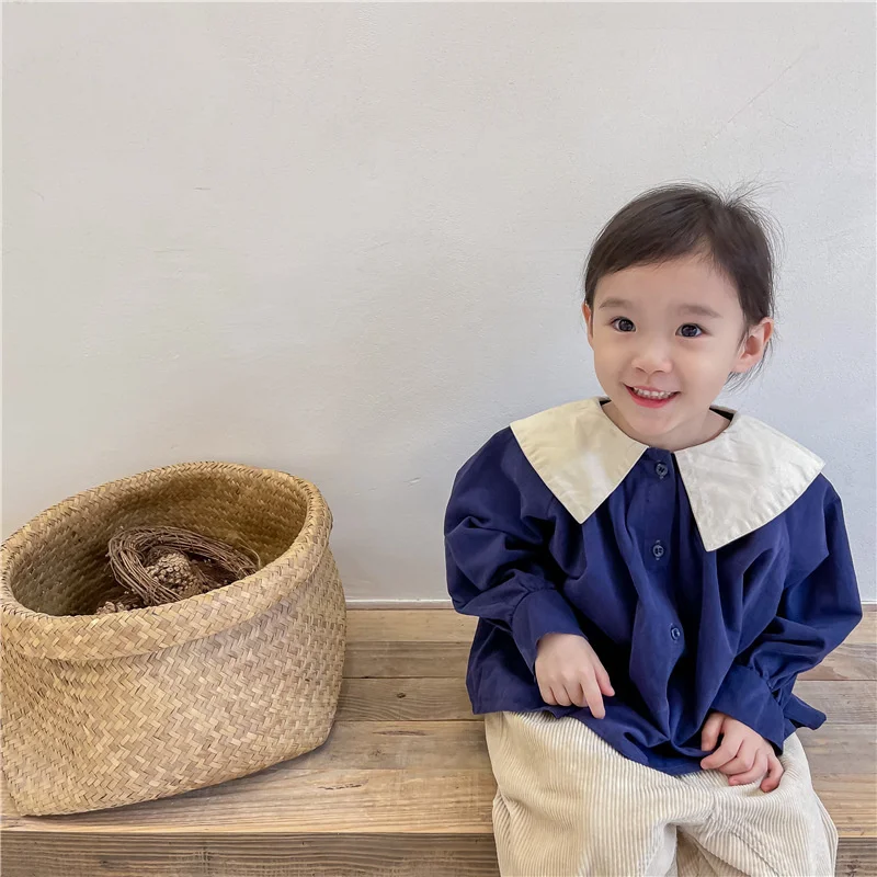 

Рубашки для маленьких девочек с отложным воротником и вышивкой букв, Модные свободные хлопковые топы с длинным рукавом для девочек