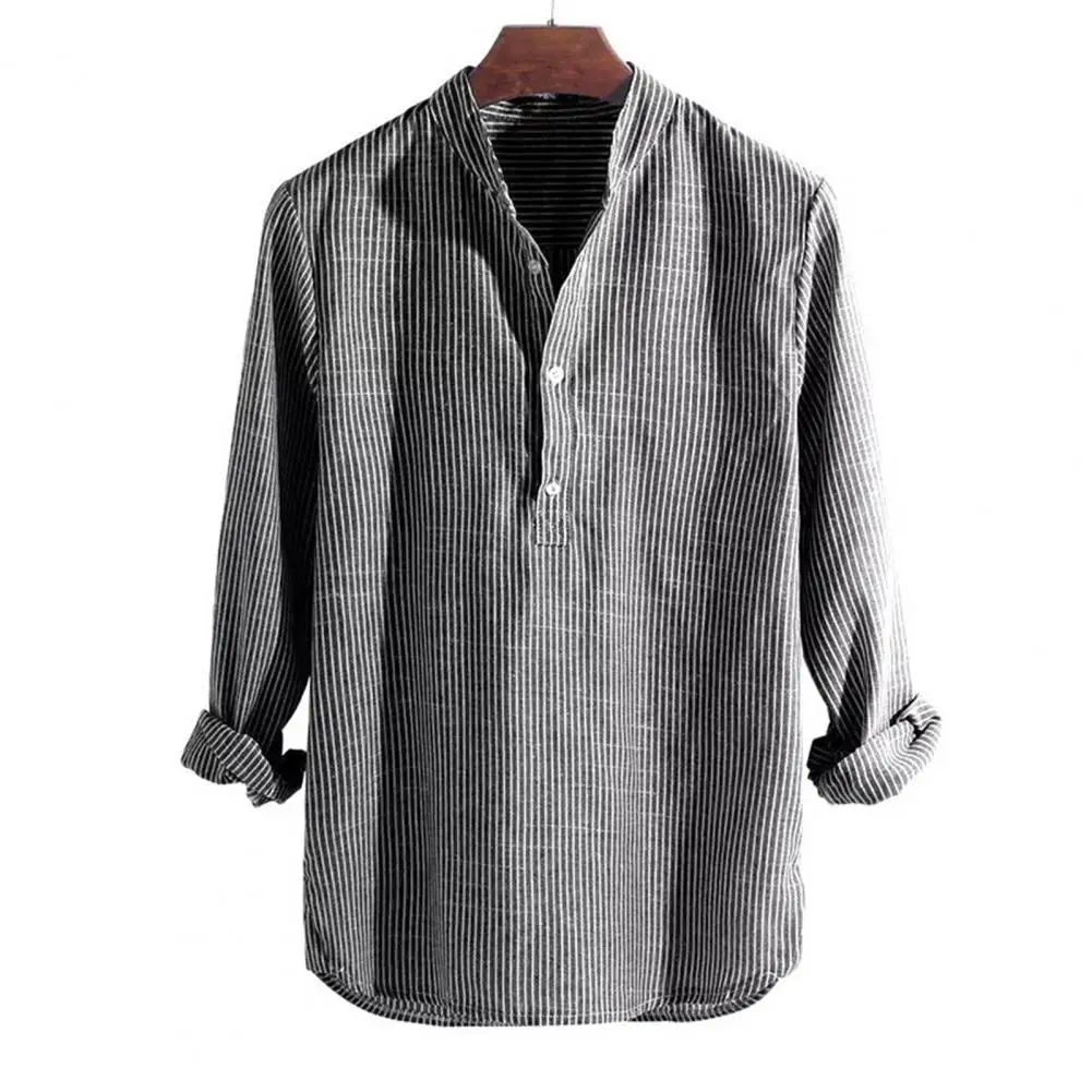 

Solid Men Shirt Striped Stand Collar Soft Long Sleeve Buttons Blouse for Dating Dropshipping