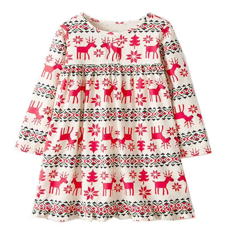 Girls Cartoon Dress Long Sleeve Cotton Chrismas Gift Cute Deer Print Princess Floral Kids Clothes | Детская одежда и обувь
