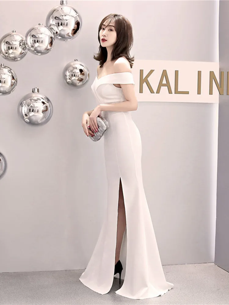 Skyyue Evening Dress Off The Shoulder Women Party Dresses Short Sleeve Robe De Soiree Sexy V-neck Split Formal Gowns C087