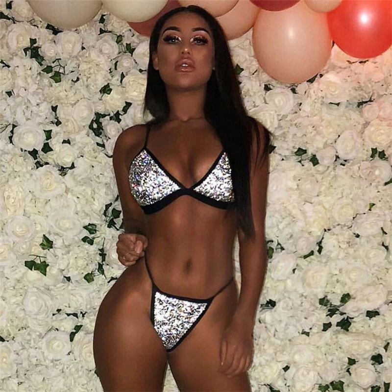 FestivalQueen, сексуальный женский комплект бикини, полностью Стразы, для женщин, с бриллиантами, купальник, пуш-ап, вечерние, для клуба, бикини, купальник