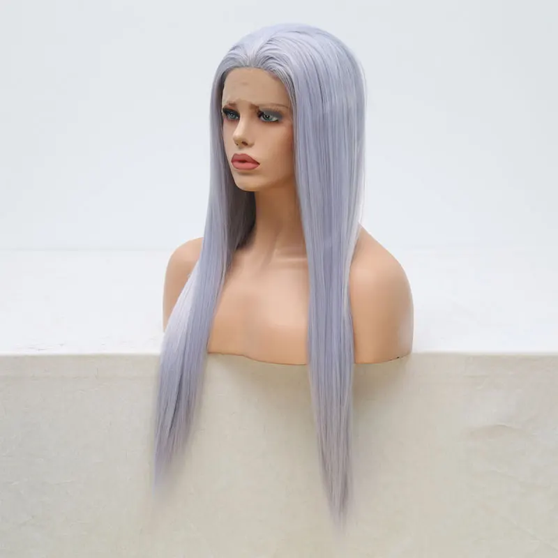 BM Straight Synthetic 13*4 Lace Front Wig Light Blue Grey Heat Resistant Fiber Hair Natural Hairline Free Parting For Women Wigs