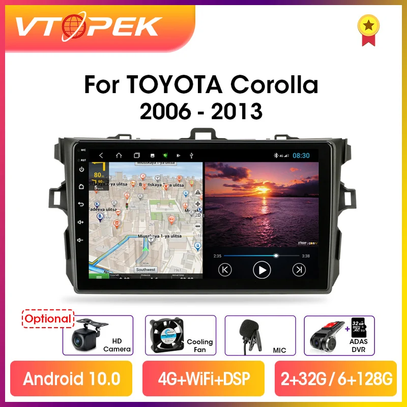 Vtopek 9" 4G+WiFi 2din Android 10.0 Car Radio Multimedia Players GPS Navigation For Toyota Corolla E140/150 2006-2013 Head Unit