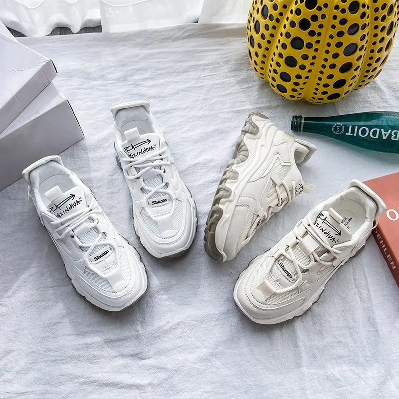 

New Women's Chunky Sneakers Thick Bottom Platform Pure Color Vulcanize Dad Shoes Fashion Breathable Casual Running Shoe