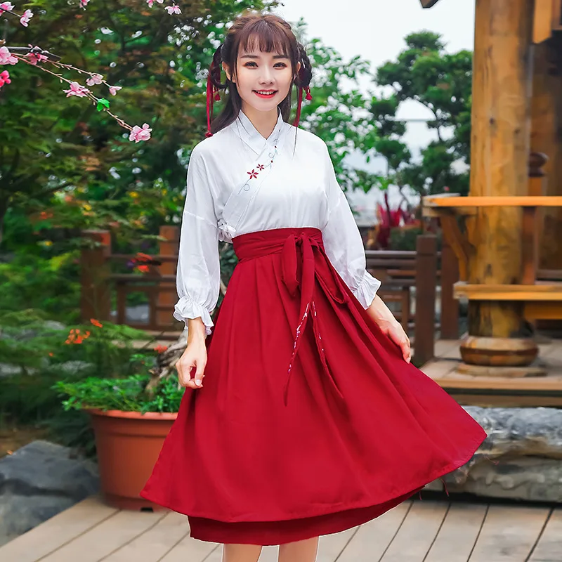 

Hanfu women's lotus leaf sleeve embroidered cross collar top big swing skirt ancient Chinese element women's dress