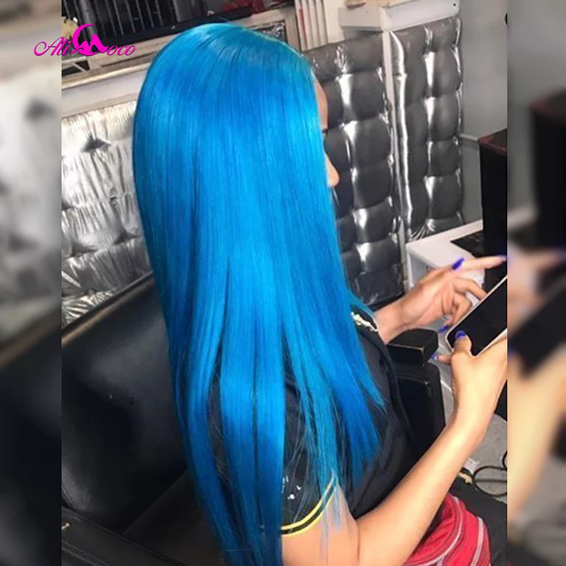 Ali Coco Colored Wigs 13X4 Straight Light Blue Lace Front Human Hair Wig Orange Straight Hair Wigs Preplucked For Black Women