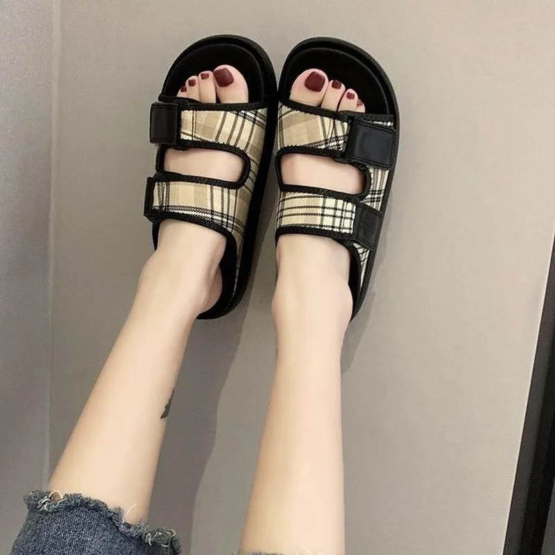 

Women's Slippers 2021 Summer Plaid Pattern Upper Fashion All-match Buckle Design Trend Open-toed Women's Slippers 35-40