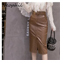 neophil 2022 pu faux leather midi pencil skirts button sashes women high waist slim ladies office sexy elegant wrap skirt s9105