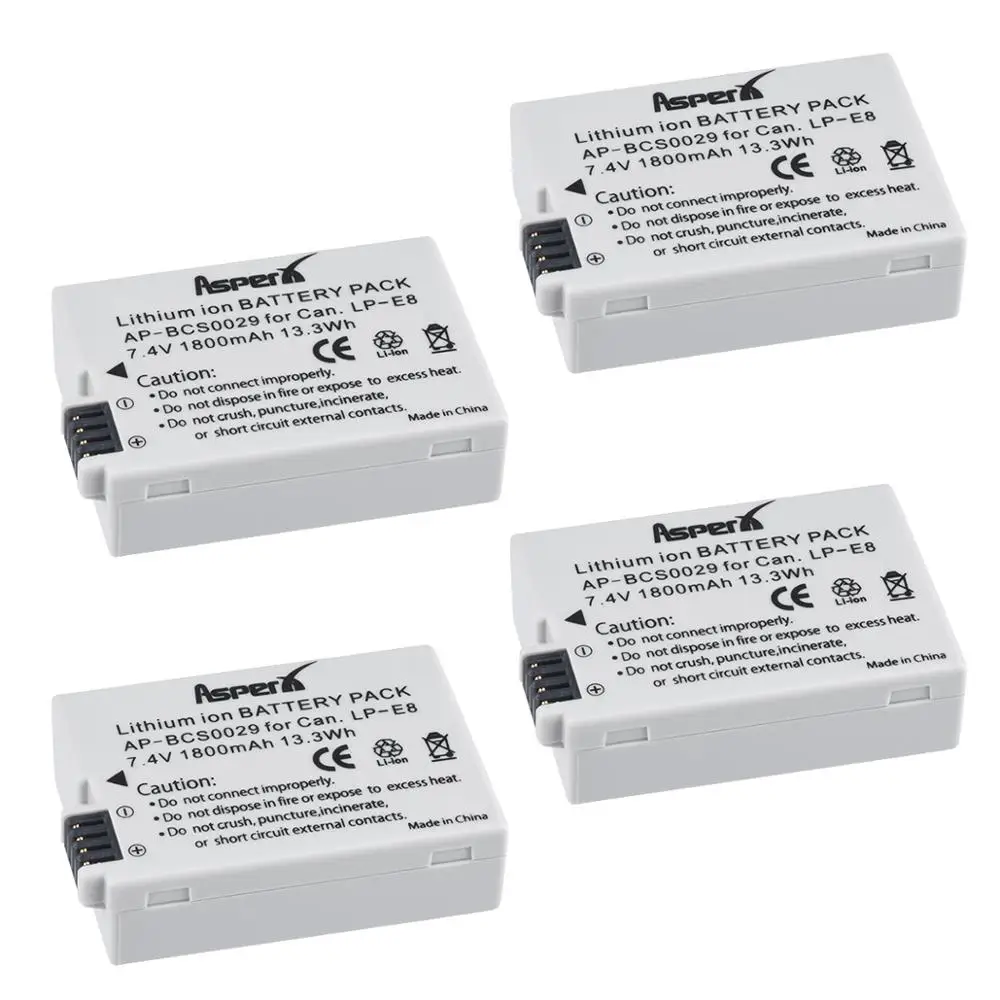 

AsperX 4Pc LP-E8 LPE8 LP E8 Camera Battery Bateria for Canon EOS 550D 600D 650D 700D kiss X4 X5 X6i X7i Rebel T2i T3i T4i T5i