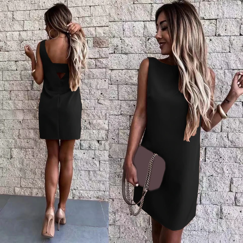 

Boho Casual Female Dress Sleeveless O Neck Mini Dresses Summer Backless Elegant Solid Work Office Dress Overalls Lady Mujer