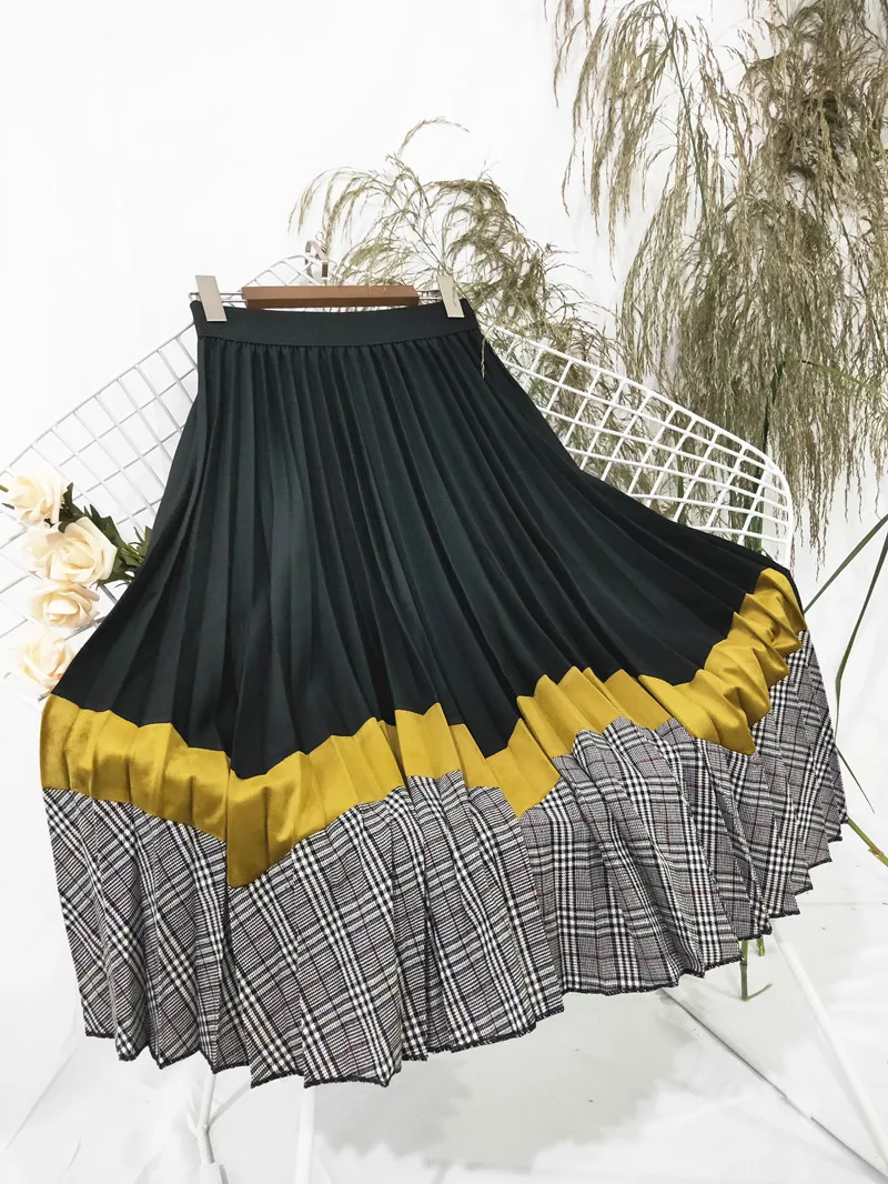 Осенняя Женская длинная Плиссированная юбка клетчатые юбки разных цветов для