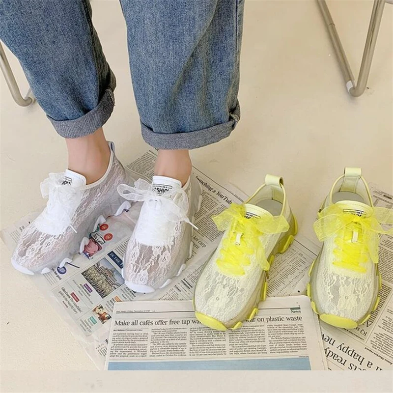 

2021 Summer Women Sneakers Fashion Lace Mesh Breathable Flats Female Shoes Casual Butterfly-Knot Non-slip Platform Women Shoes