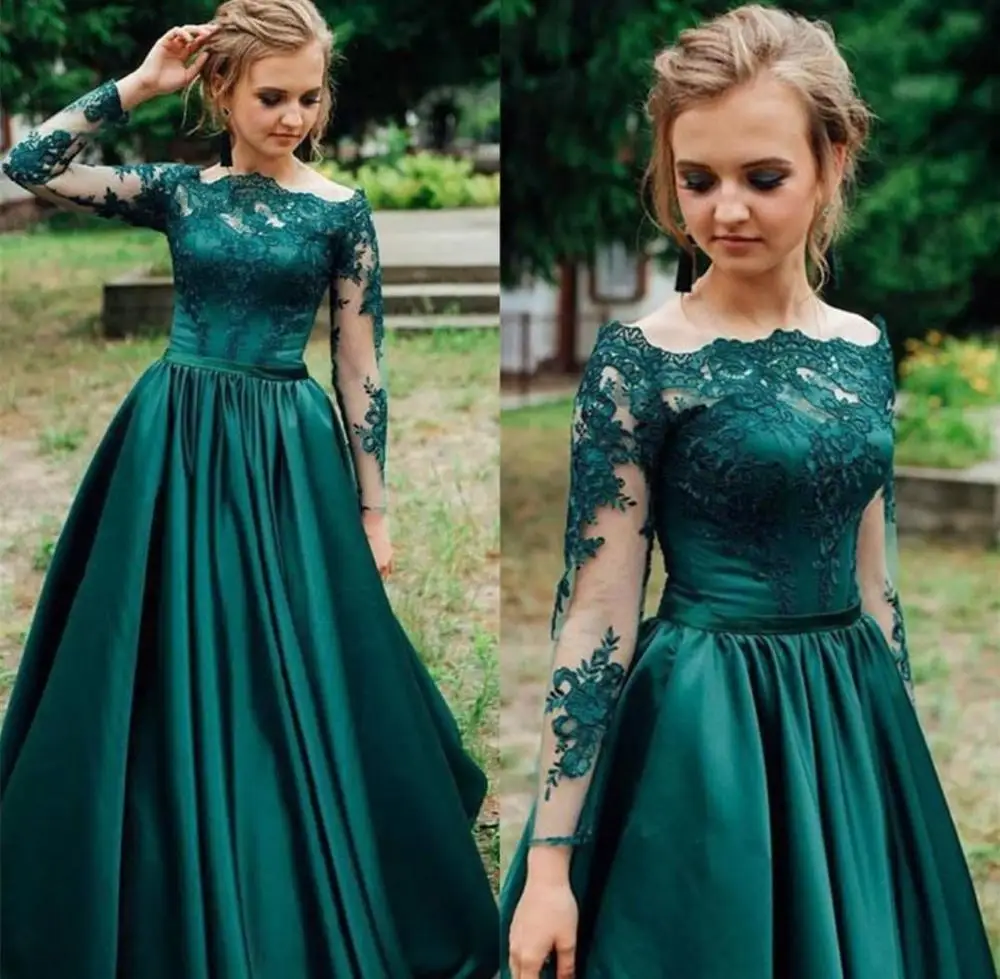 

2020 Evening Dress Green Lace Satin Floor Length Long Sleeve One Shoulder Elegant Graceful Special Occasion Dress For Women