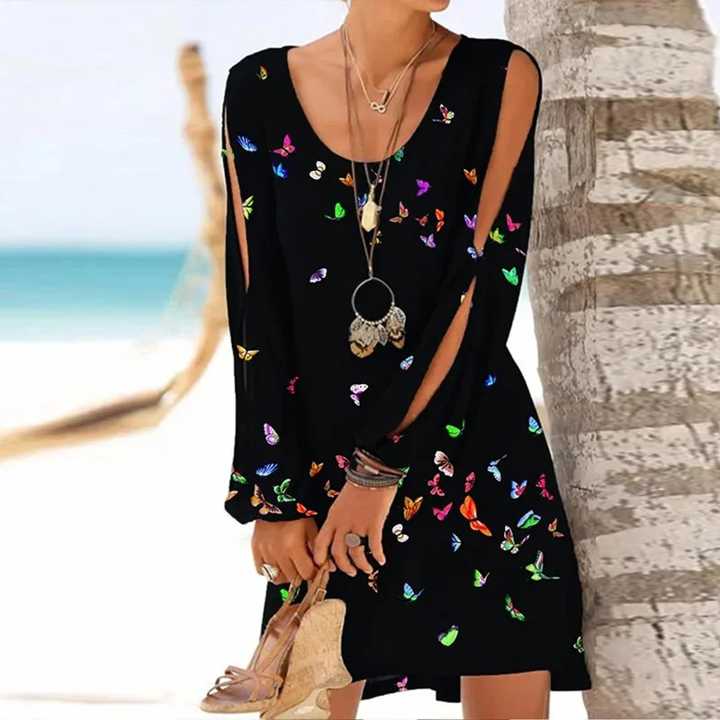 

Women Summer Elegant Retro Butterfly Print Loose Beach Dress Sexy Hollow Out Long Sleeve Party Dresses Lady Fashion Casual Dress