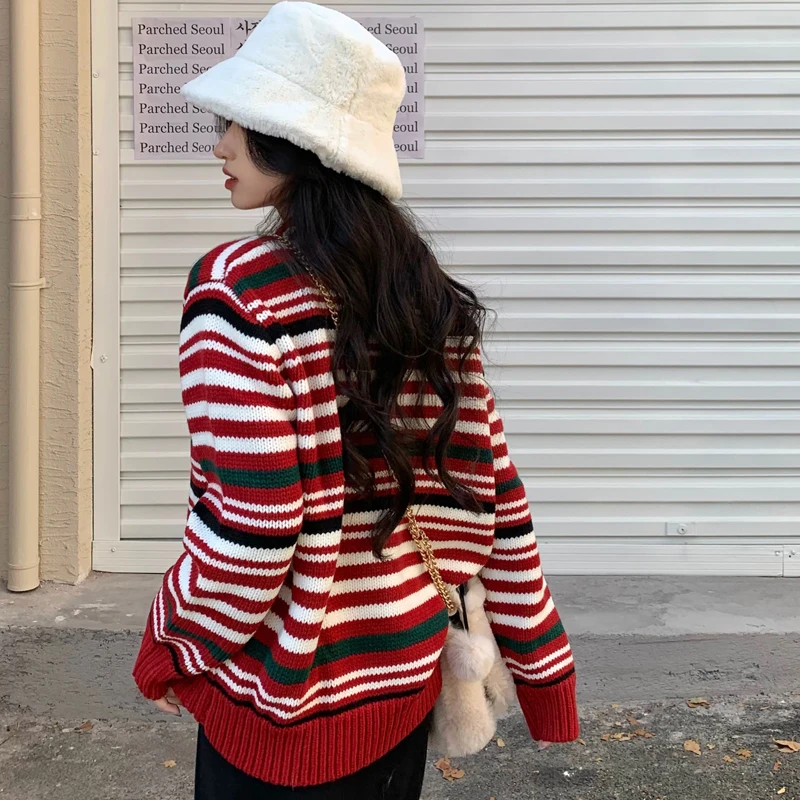 

Autumn Winter Vintage Striped Loose Pullover Sweater Women Fashion Sweet Long Sleeve Knitting Coat Female