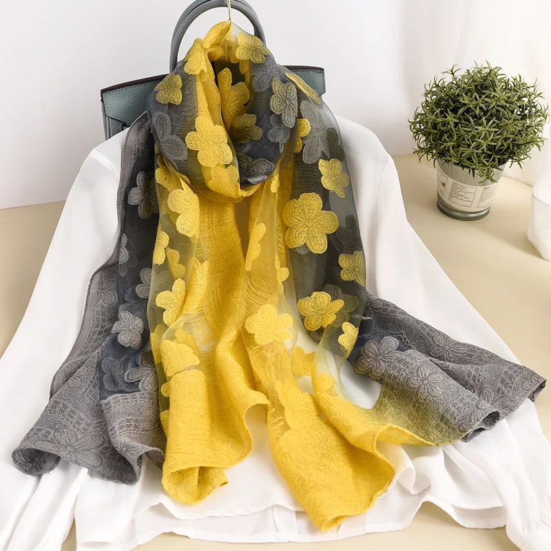 

Color matching women scarf summer silk scarves for lady shawls and wraps organza Hollowed flowers beach stoles bandana foulard