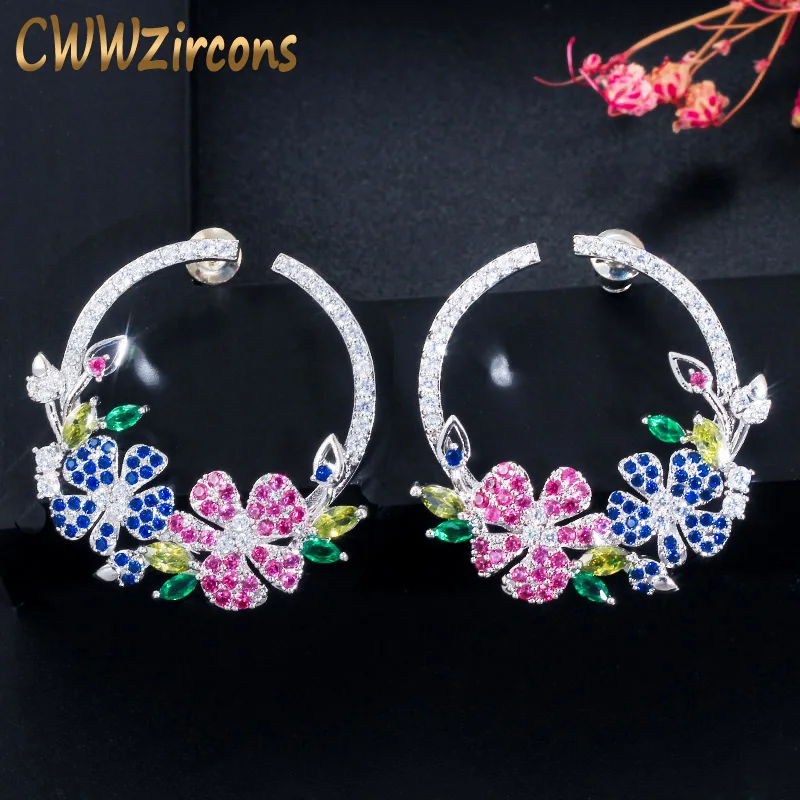 Женские серьги гвоздики CWWZircons большие круглые из серебра с красно синим